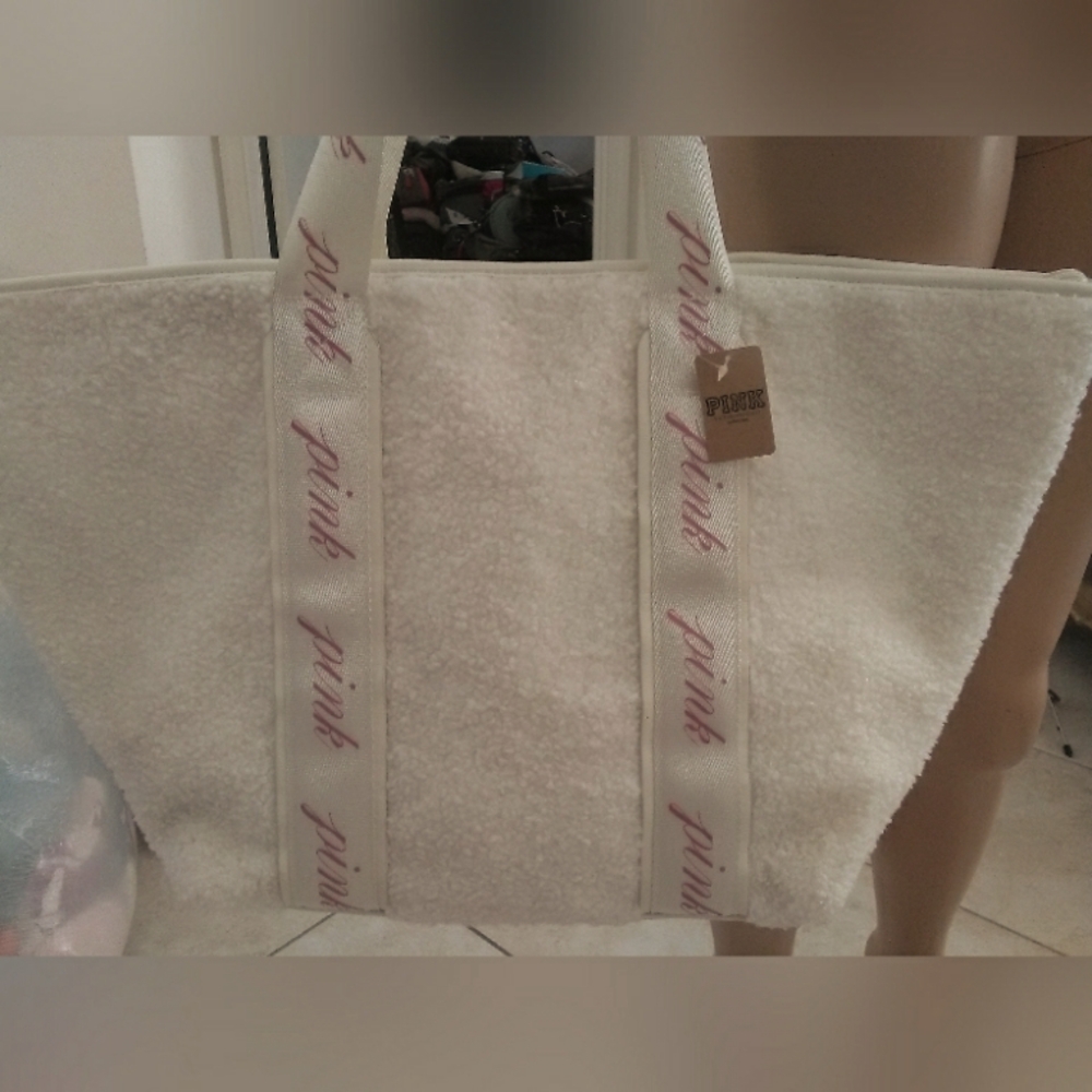 BNET PINK Victoria's Secret Cream and Pink Tote Bag ( SHERPA) LARGE SIZE
